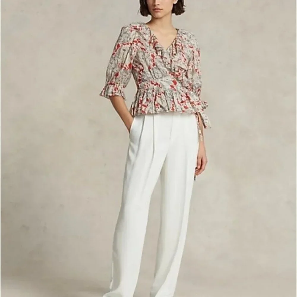 Polo Ralph Lauren Ruffled Floral Cotton Wrap Top Size XS NWT